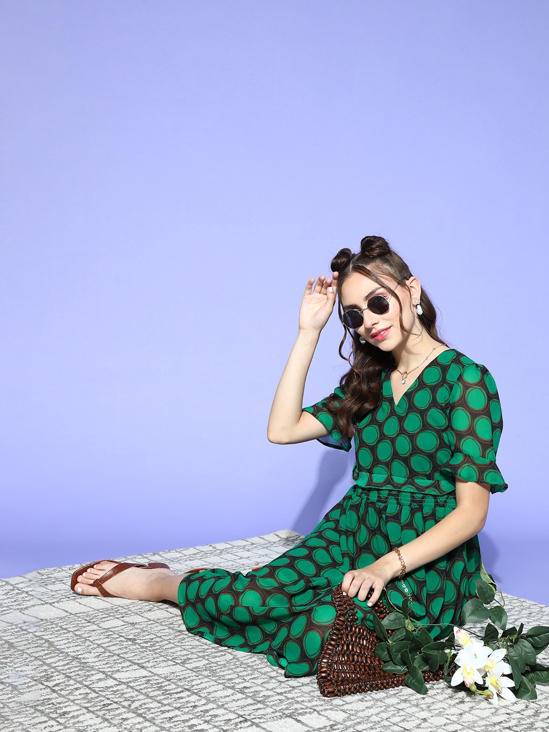 

plusS Women Gorgeous Green Geometric Volume Play Dress