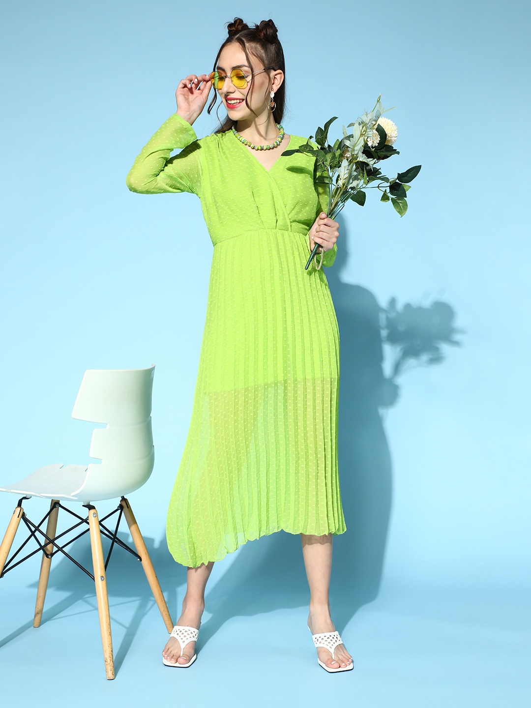 

plusS Women Gorgeous Green Self-Design Volume Play Dress