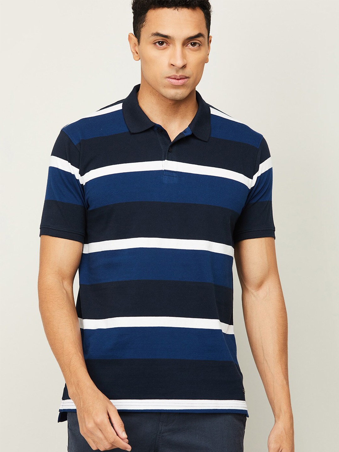 

CODE by Lifestyle Men Navy Blue Striped Polo Collar T-shirt