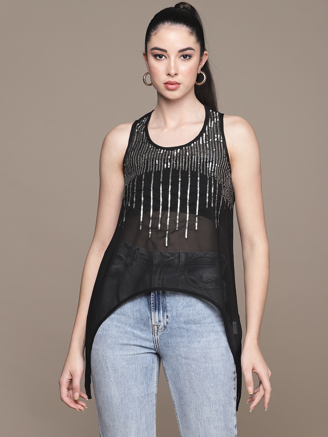 

Ishin Black Sequinned Stripes Embellished Sheer Georgette Top
