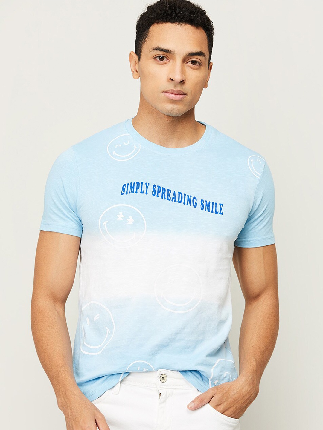 

SmileyWorld Men Blue Cotton Typography Printed T-shirt