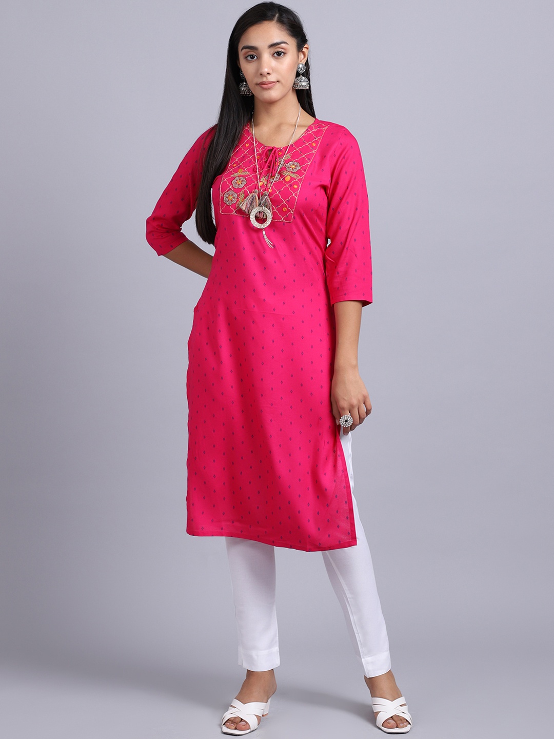 

ANAISA Women Pink Floral Embroidered Mirror Work Kurta with Trousers