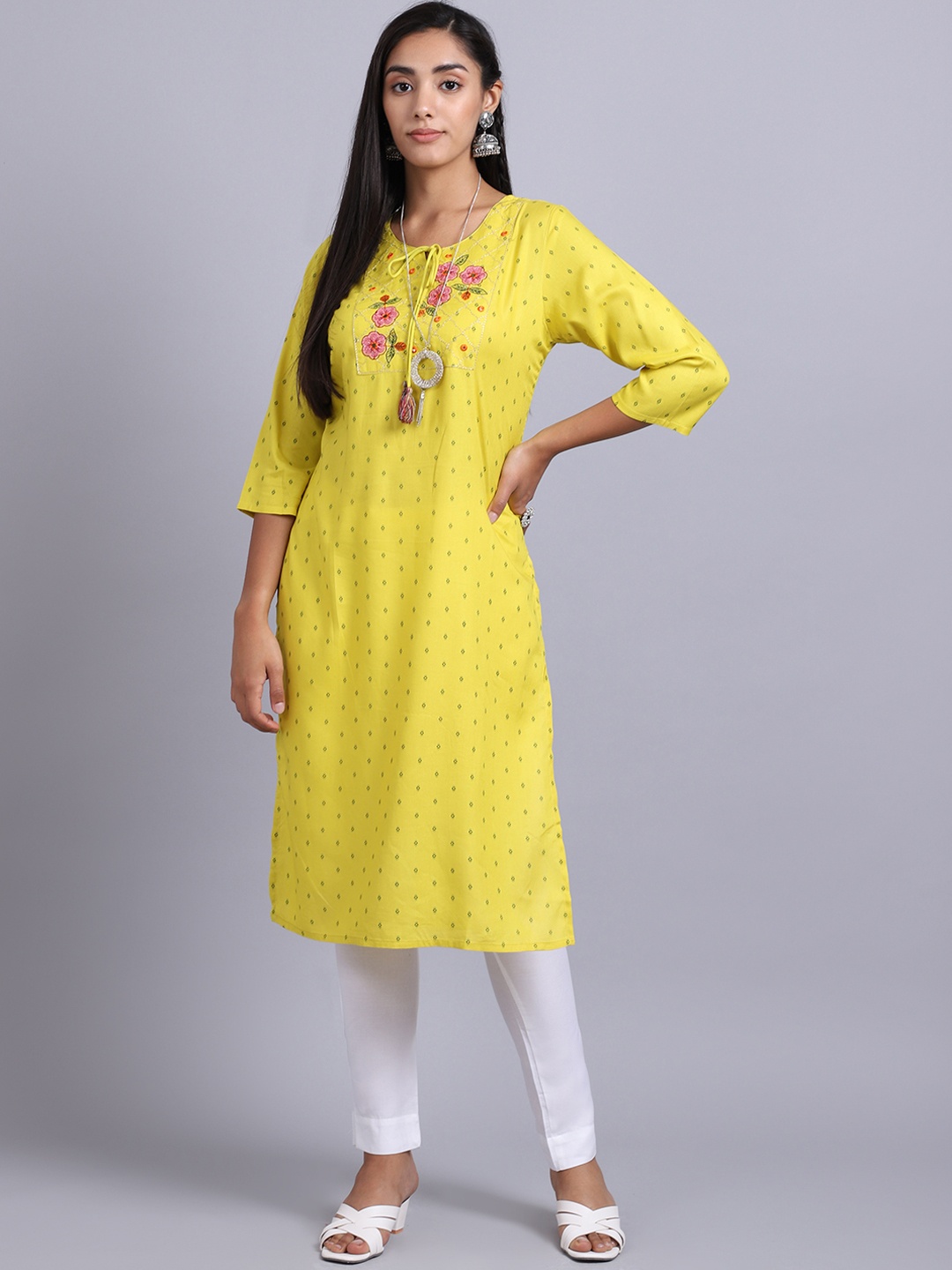 

ANAISA Women Yellow Floral Yoke Design Mirror Work Kurta with Trousers