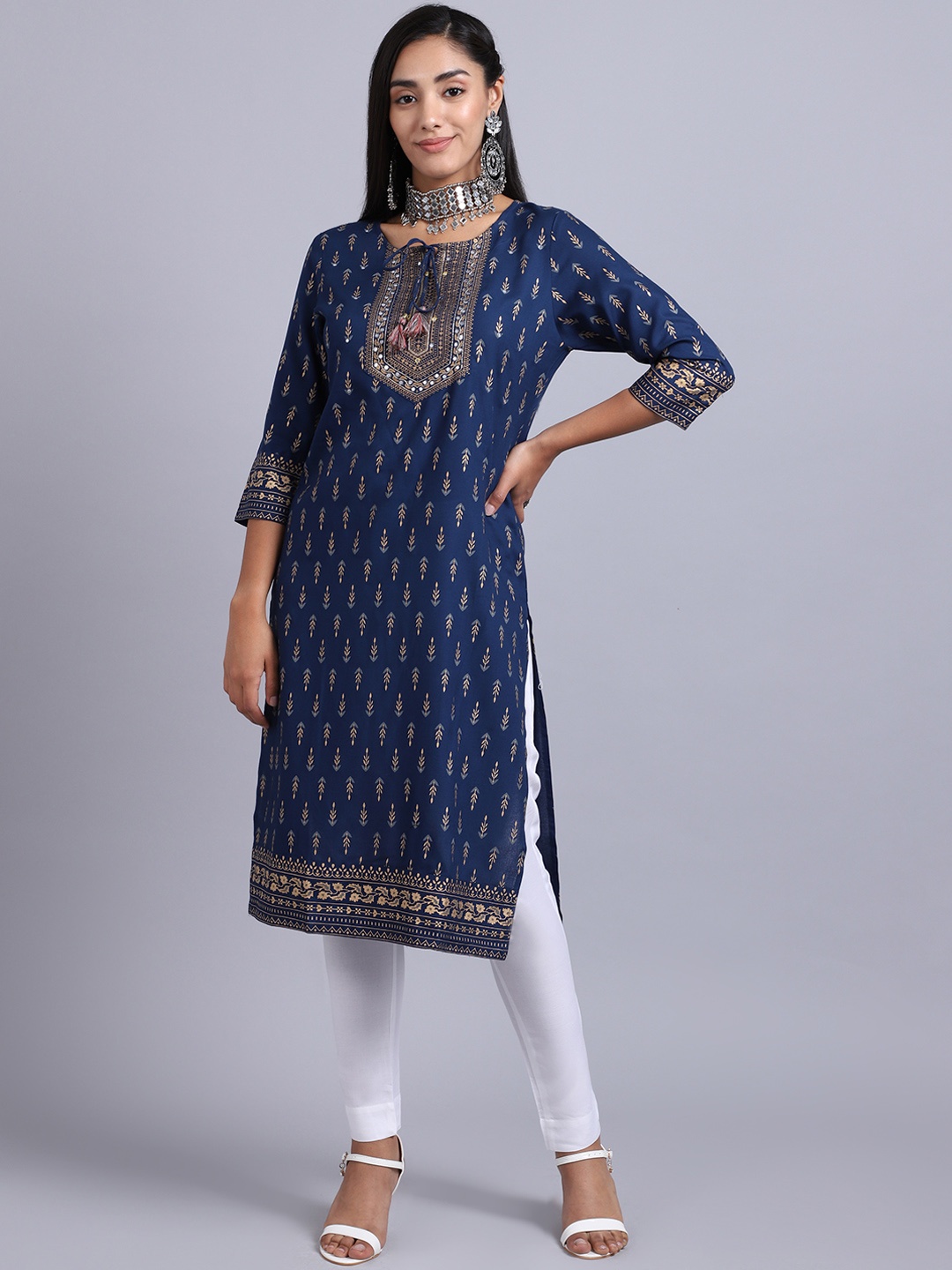 

ANAISA Women Blue Ethnic Motifs Yoke Design Mirror Work Kurta with Trousers