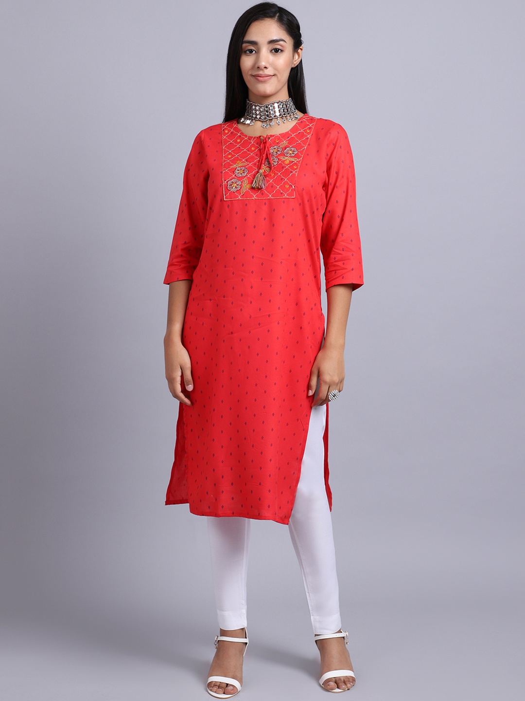 

ANAISA Women Red Ethnic Motifs Yoke Design Mirror Work Kurta with Trousers