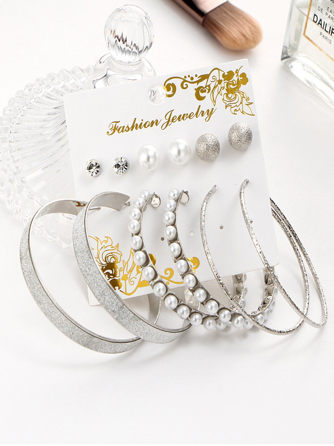 

Shining Diva Fashion Set Of 6 Silver Plated Hoop Stud Earrings
