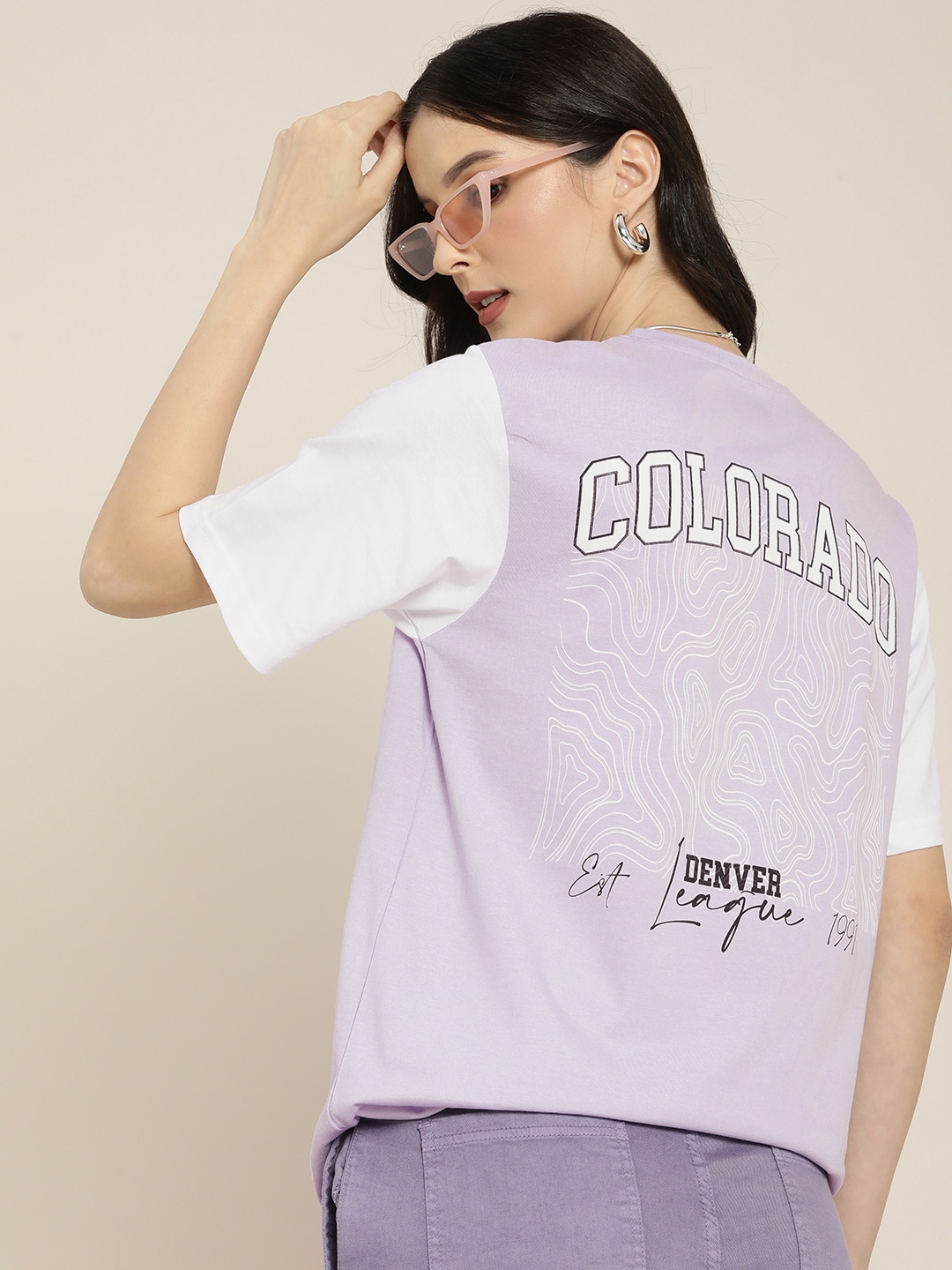 

DILLINGER Women Lavender & White Printed Cotton Drop-Shoulder Sleeves Loose T-shirt