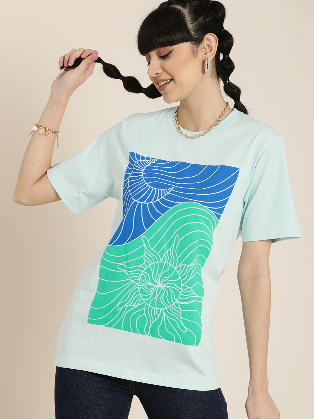 

DILLINGER Women Blue Graphic Printed Pure Cotton Drop-Shoulder Sleeves Loose T-shirt