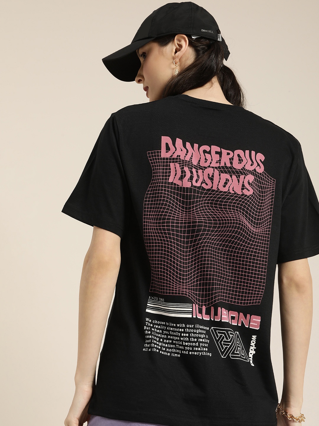 

DILLINGER Women Black & Pink Back Graphic Print Cotton Oversized Longline T-shirt