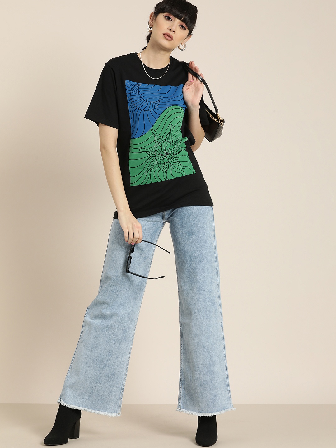 

DILLINGER Women Black & Blue Graphic Print Cotton Oversized Longline T-shirt