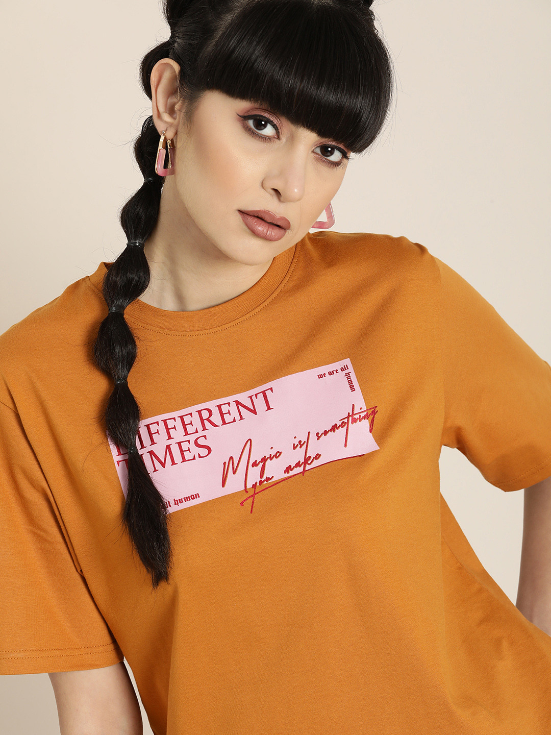 

DILLINGER Women Rust Orange Typography Printed Pure Cotton Relaxed T-shirt