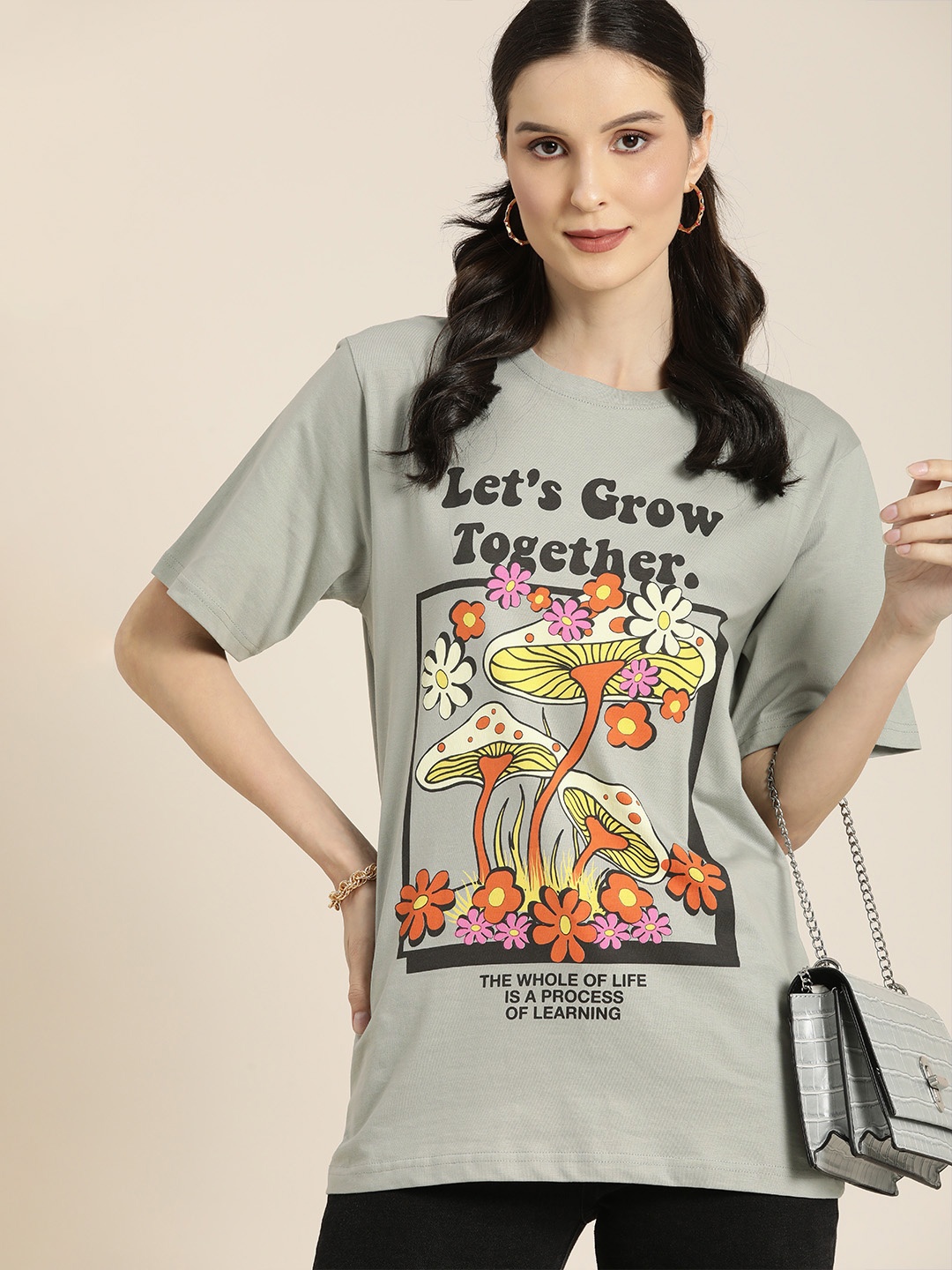 

DILLINGER Women Grey & Orange Graphic Printed Cotton Oversized Longline T-shirt