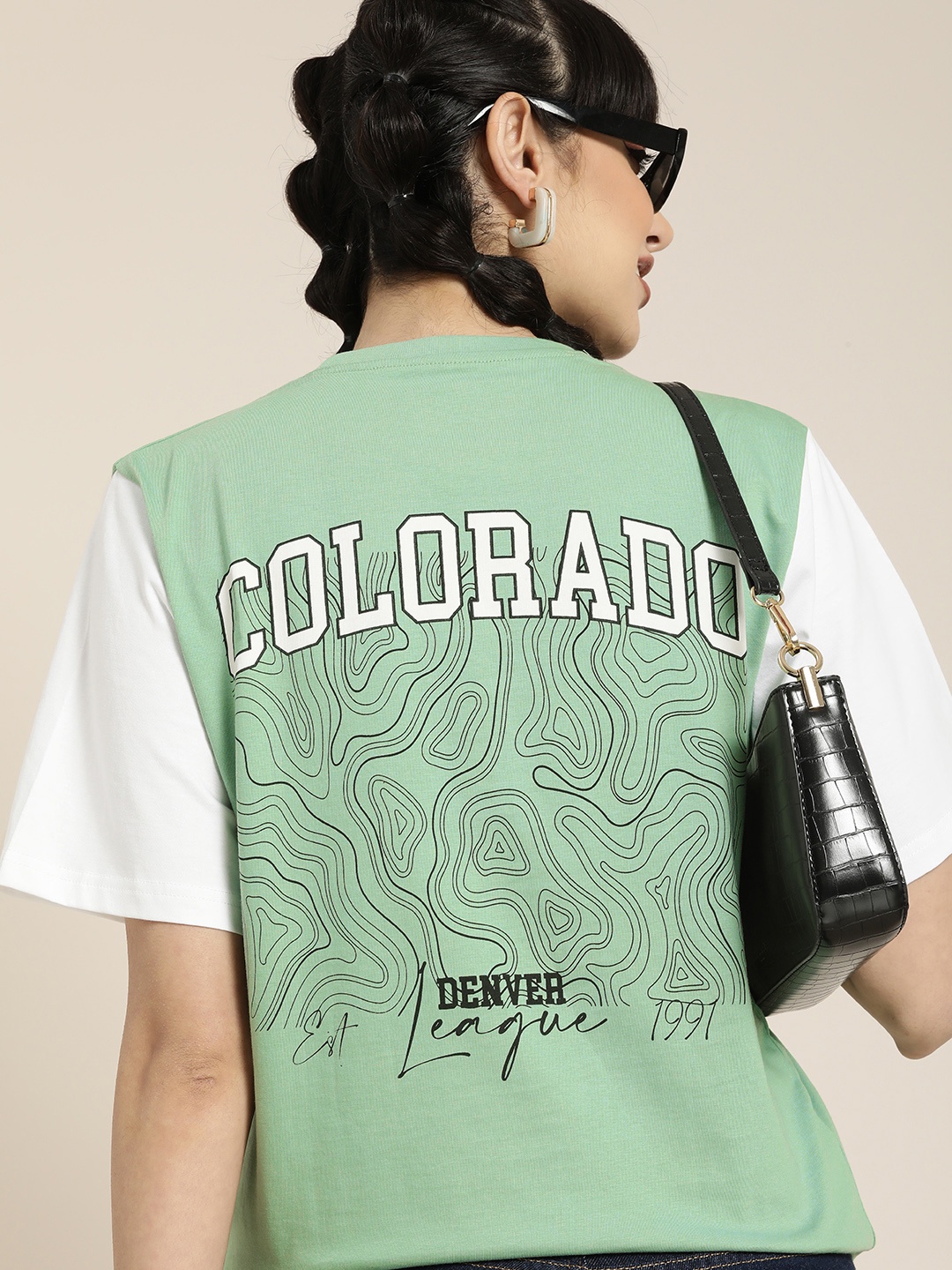 

DILLINGER Women Sage Green & White Typography Printed Pure Cotton Relaxed T-shirt