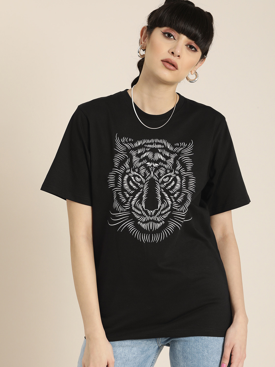 

DILLINGER Women Black & White Graphic Printed Oversized Cotton Longline T-shirt