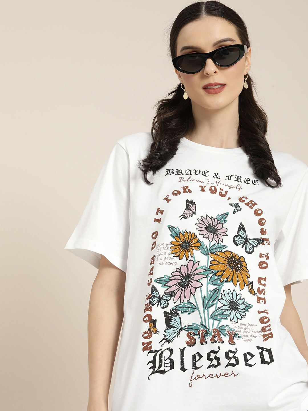 

DILLINGER Women White & Yellow Floral Cotton Oversized Longline T-shirt