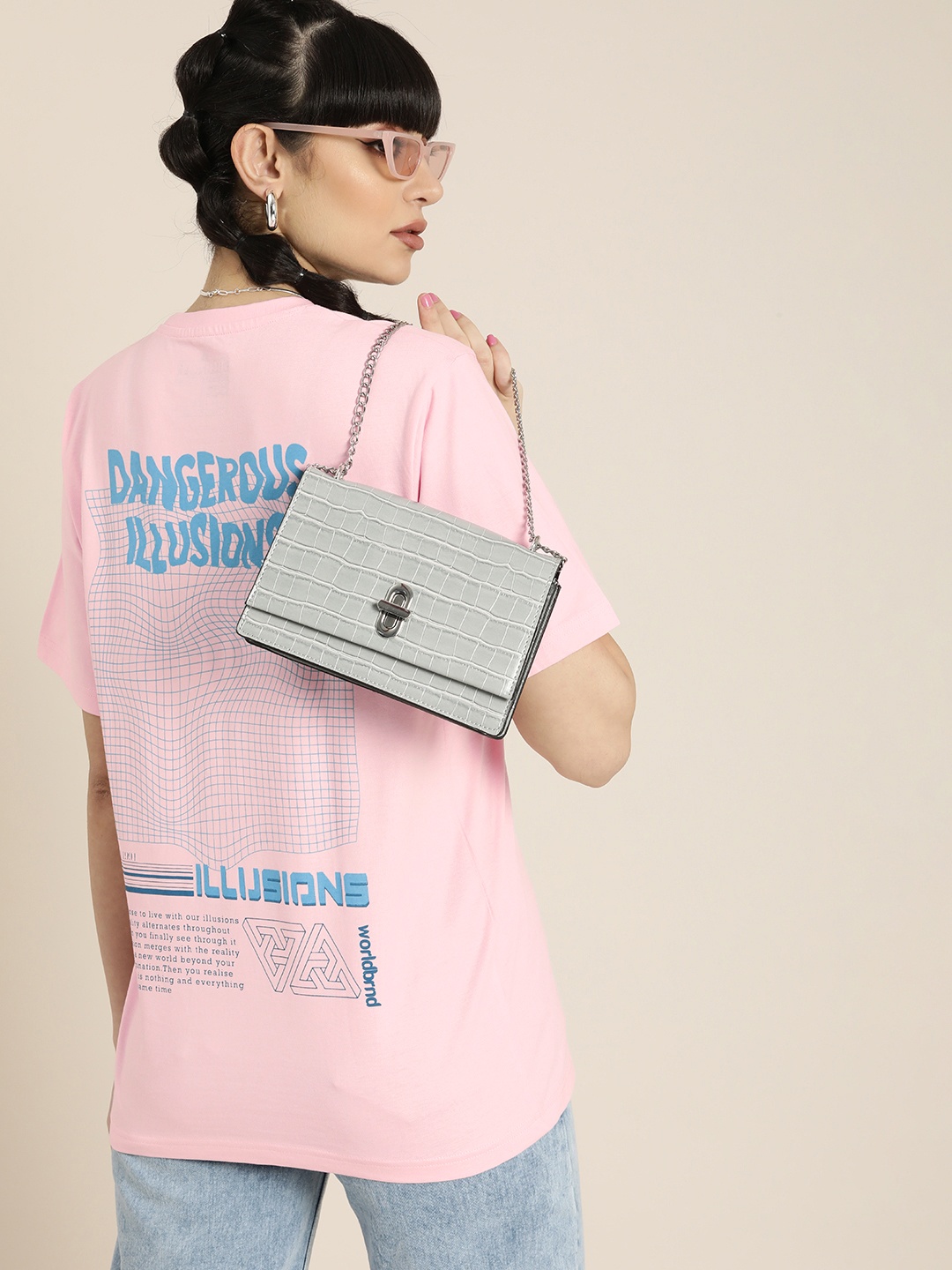

DILLINGER Women Pink & Blue Back Graphic Print Cotton Oversized Longline T-shirt