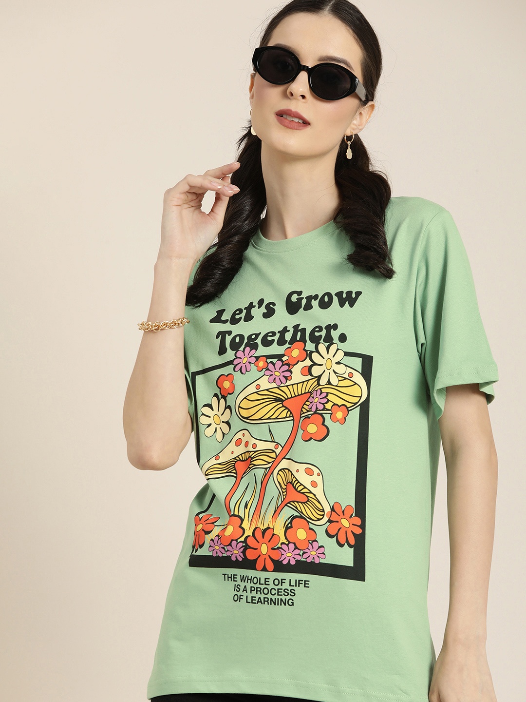 

DILLINGER Women Green & Orange Graphic Print Cotton Oversized Longline T-shirt