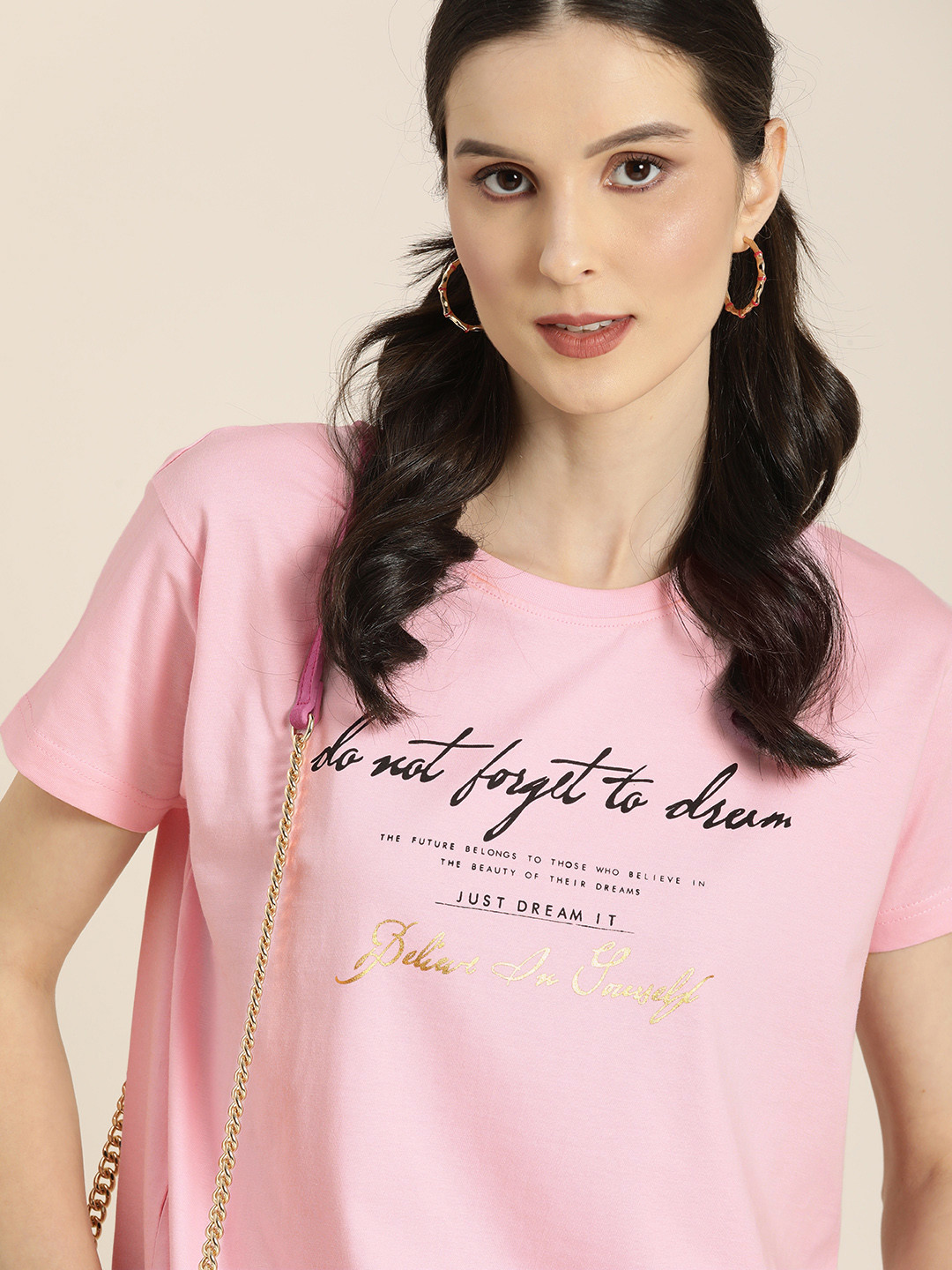 

DILLINGER Women Pink & Black Typography Cotton Boxy T-shirt