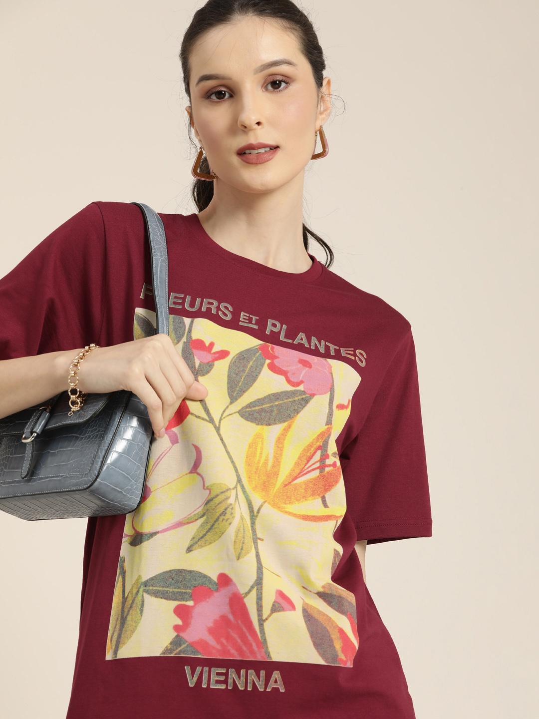 

DILLINGER Women Maroon & Yellow Pure Cotton Drop-Shoulder Sleeves OversizedT-shirt