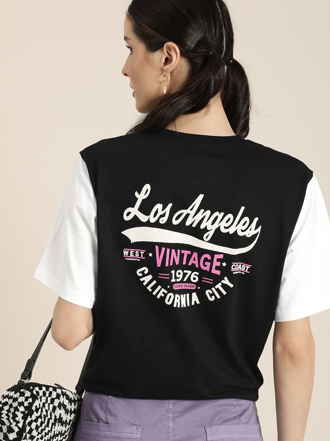 

DILLINGER Women Black & White Back Typography Print Cotton Oversized Longline T-shirt