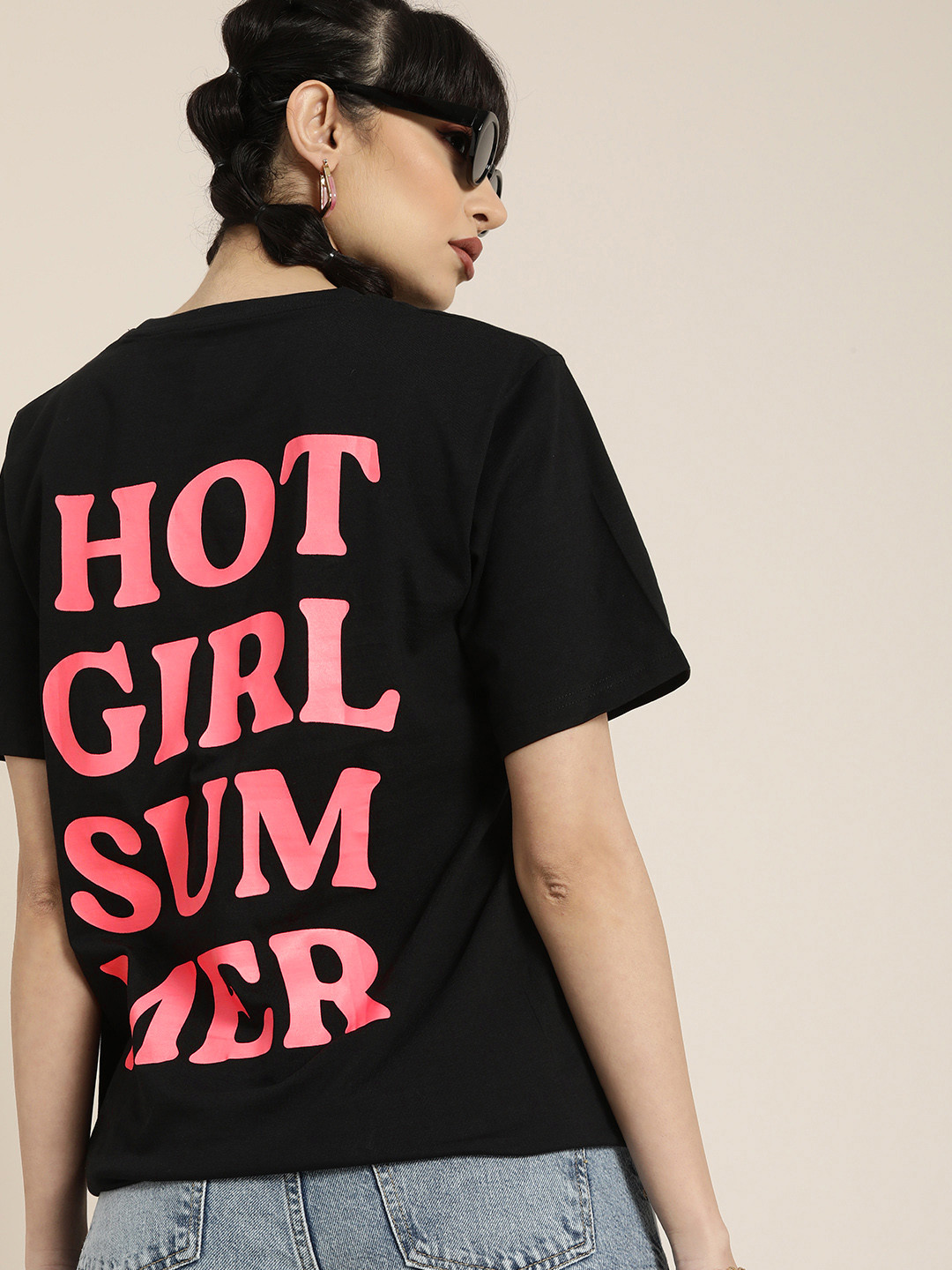 

DILLINGER Women Black & Pink Typography Printed Pure Cotton Relaxed T-shirt