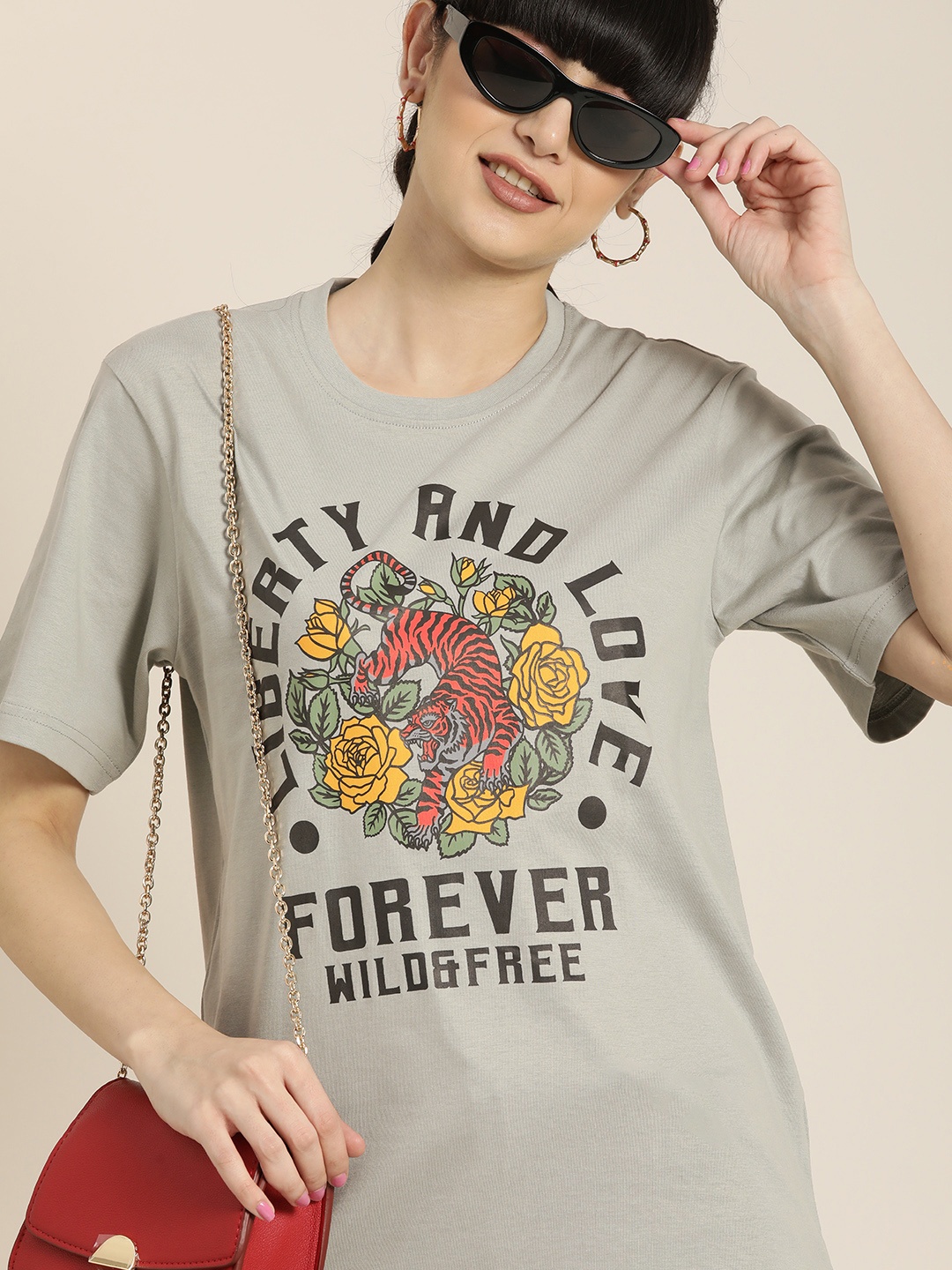 

DILLINGER Women Grey & Black Graphic Print Cotton Oversized Longline T-shirt