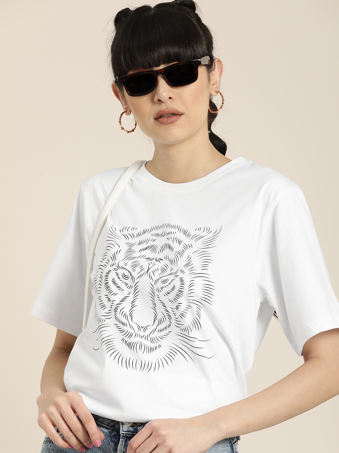 

DILLINGER Women White & Black Tiger Print Cotton Oversized Longline T-shirt