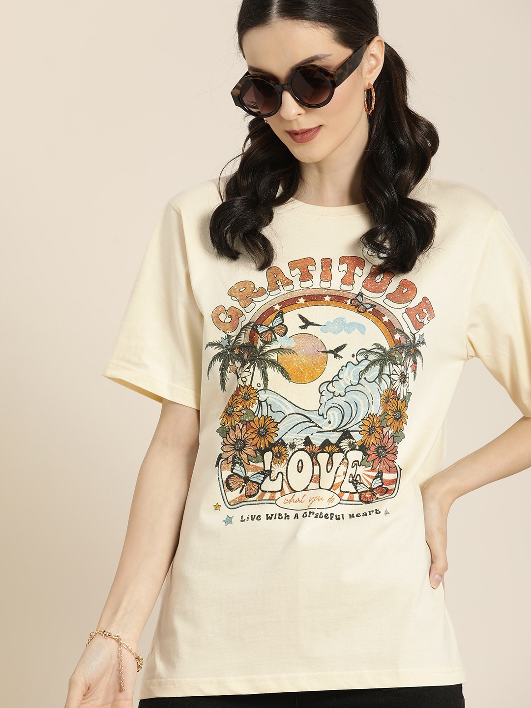 

DILLINGER Cream-Coloured & Mustard Yellow Tropical Print Cotton Oversized Longline T-shirt