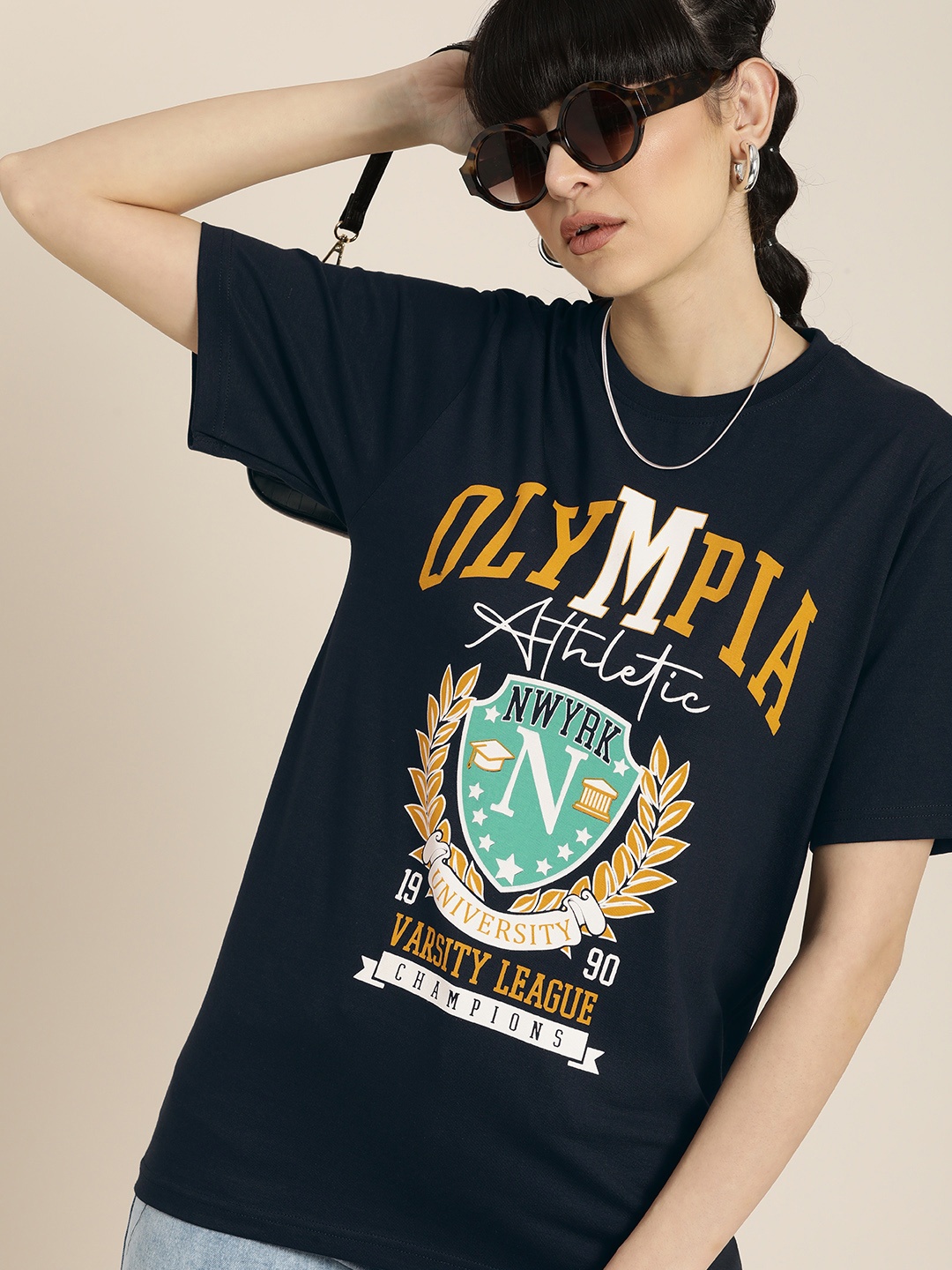 

DILLINGER Women Navy Blue & Orange Graphic Print Cotton Oversized Longline T-shirt