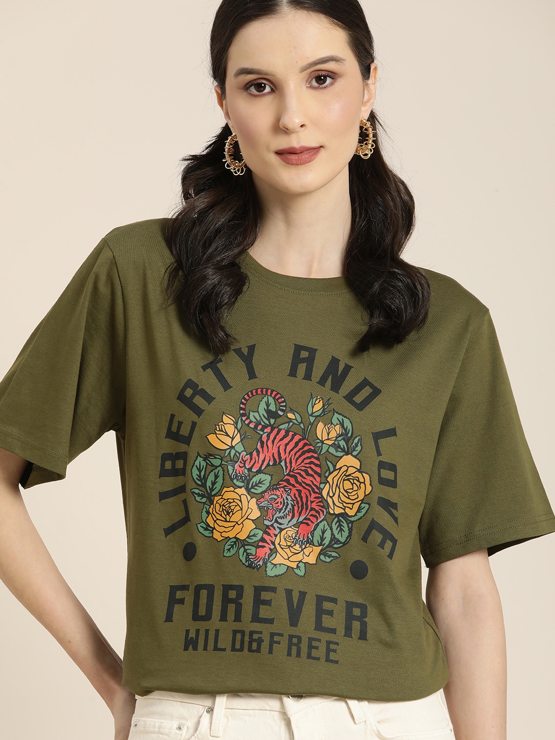 

DILLINGER Women Olive Green & Black Graphic Print Cotton Oversized Longline T-shirt