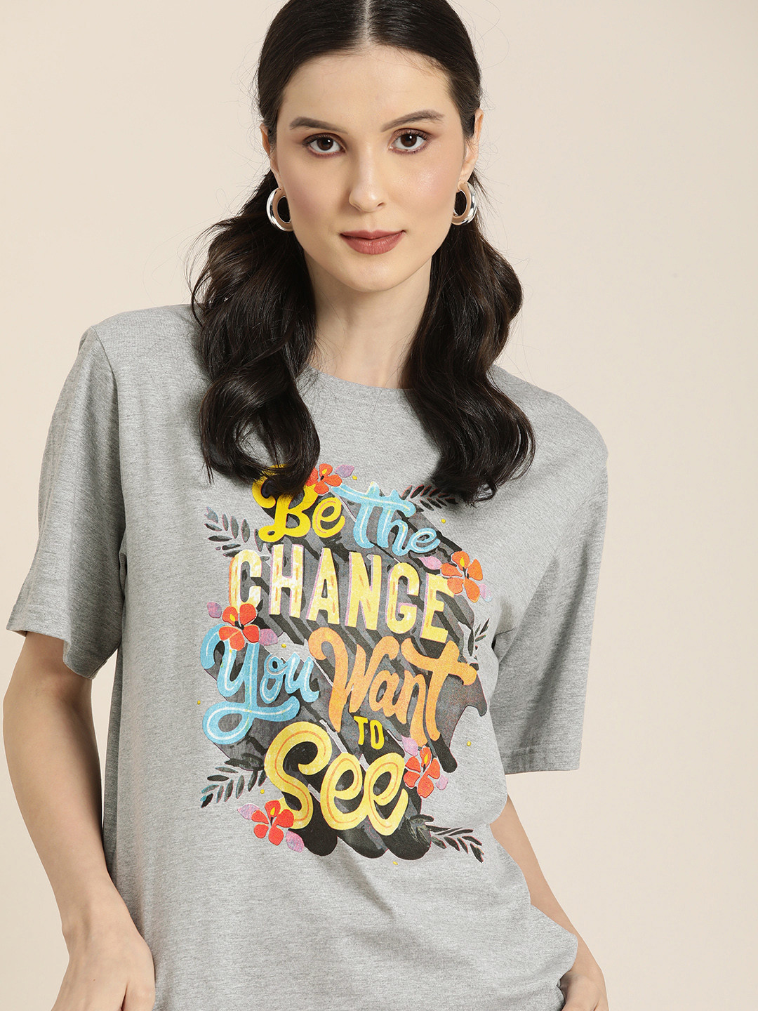 

DILLINGER Women Grey Melange & Yellow Graphic Print Cotton Oversized Longline T-shirt