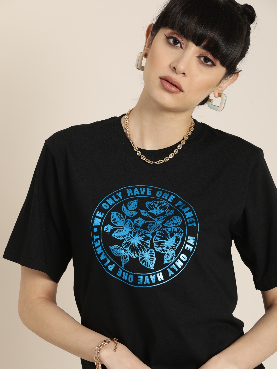 

DILLINGER Women Black & Blue Typography Printed Pure Cotton Relaxed T-shirt