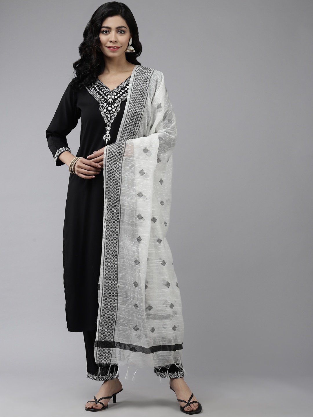 

Yufta Women Black Yoke Design Thread Work Kurta with Palazzos & Dupatta