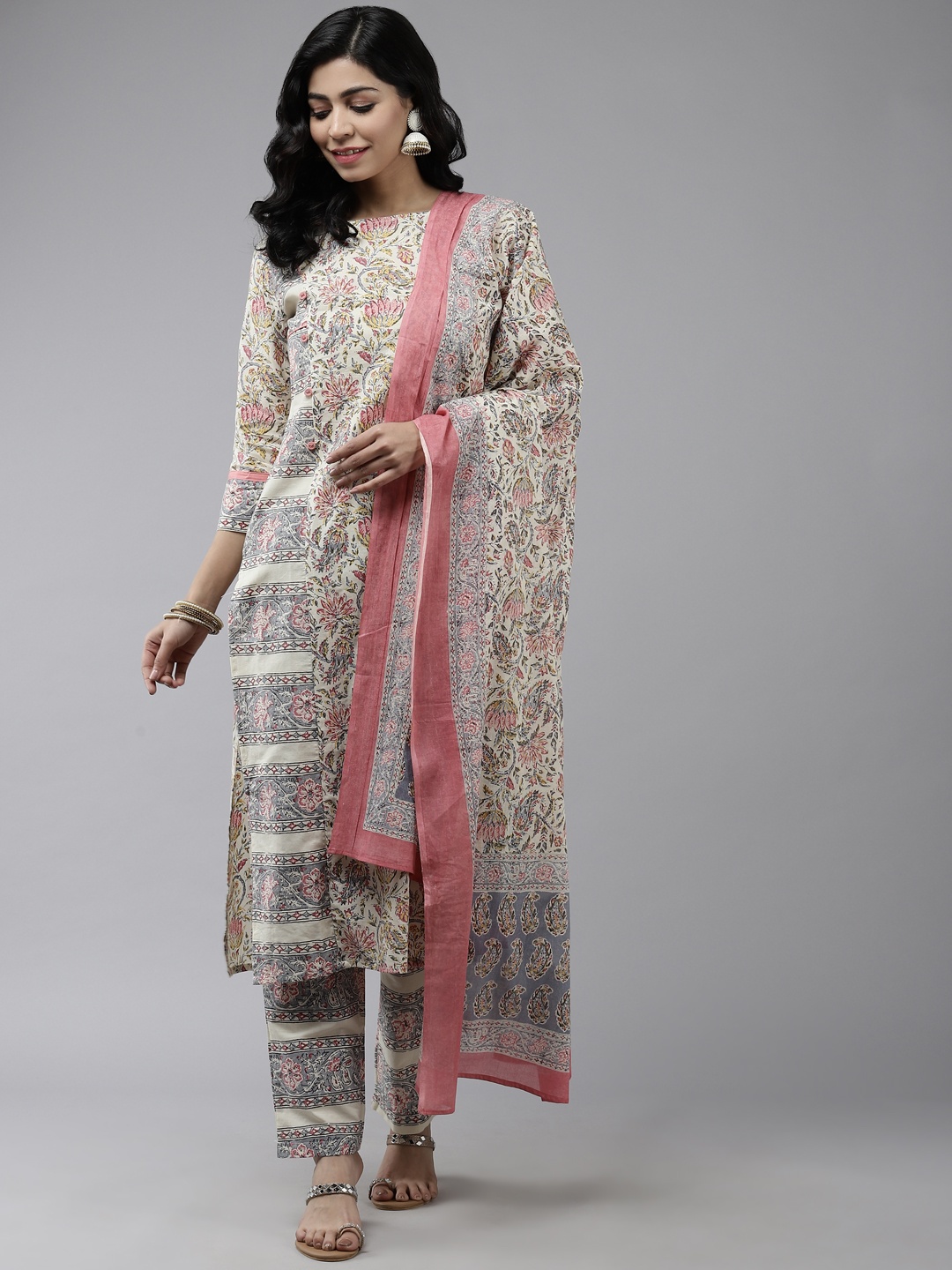 

Yufta Women Cream-Coloured Pure Cotton Floral Printed Kurta with Palazzos & Dupatta