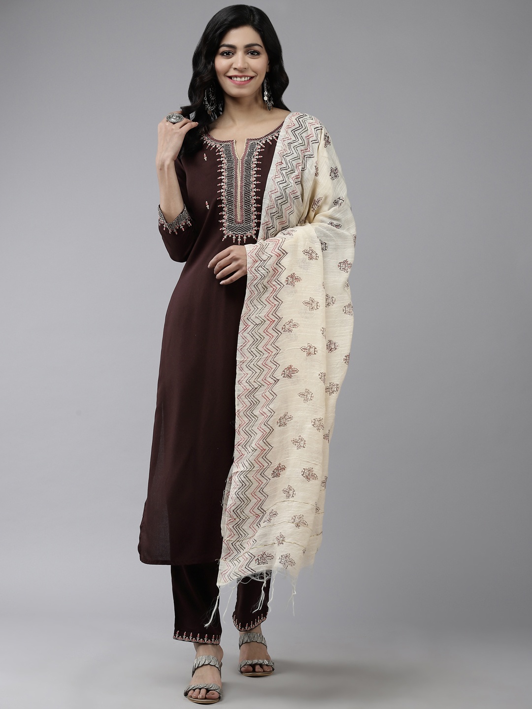 

Yufta Women Coffee Brown Yoke Design Thread Work Kurta with Trousers & With Dupatta