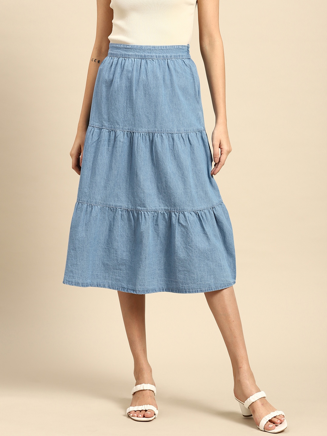 

all about you Women Blue Chambray Tiered A-Line Midi Skirt