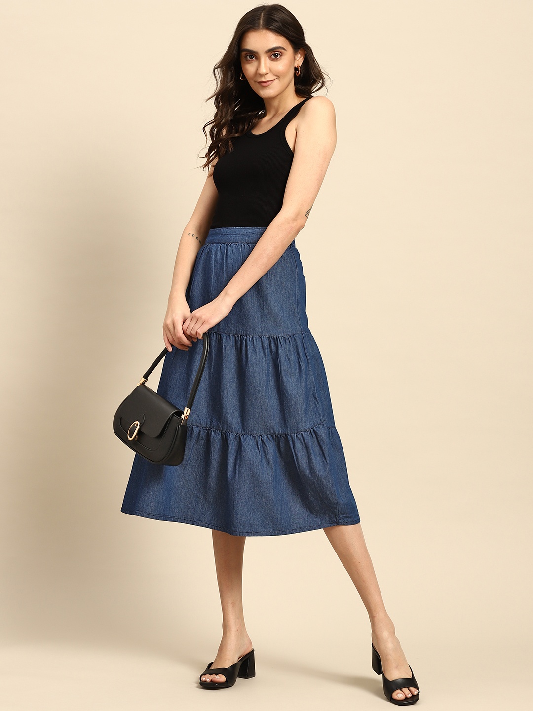 

all about you Women Navy Blue Chambray Tiered A-Line Midi Skirt