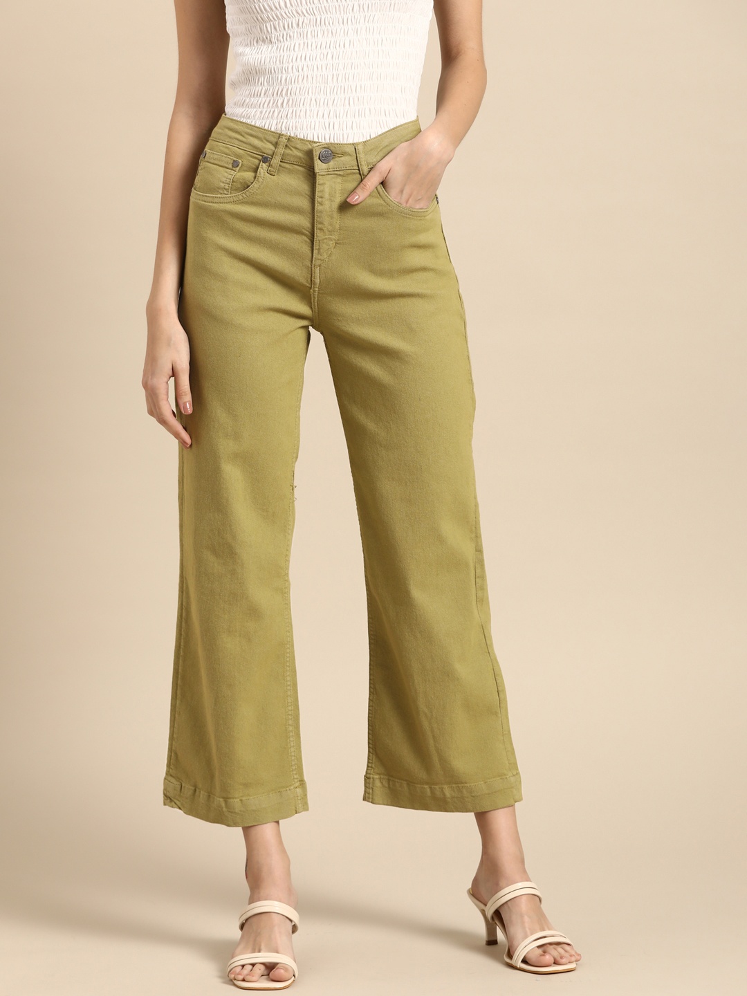 

all about you Women Olive Green Flared High-Rise Stretchable Jeans