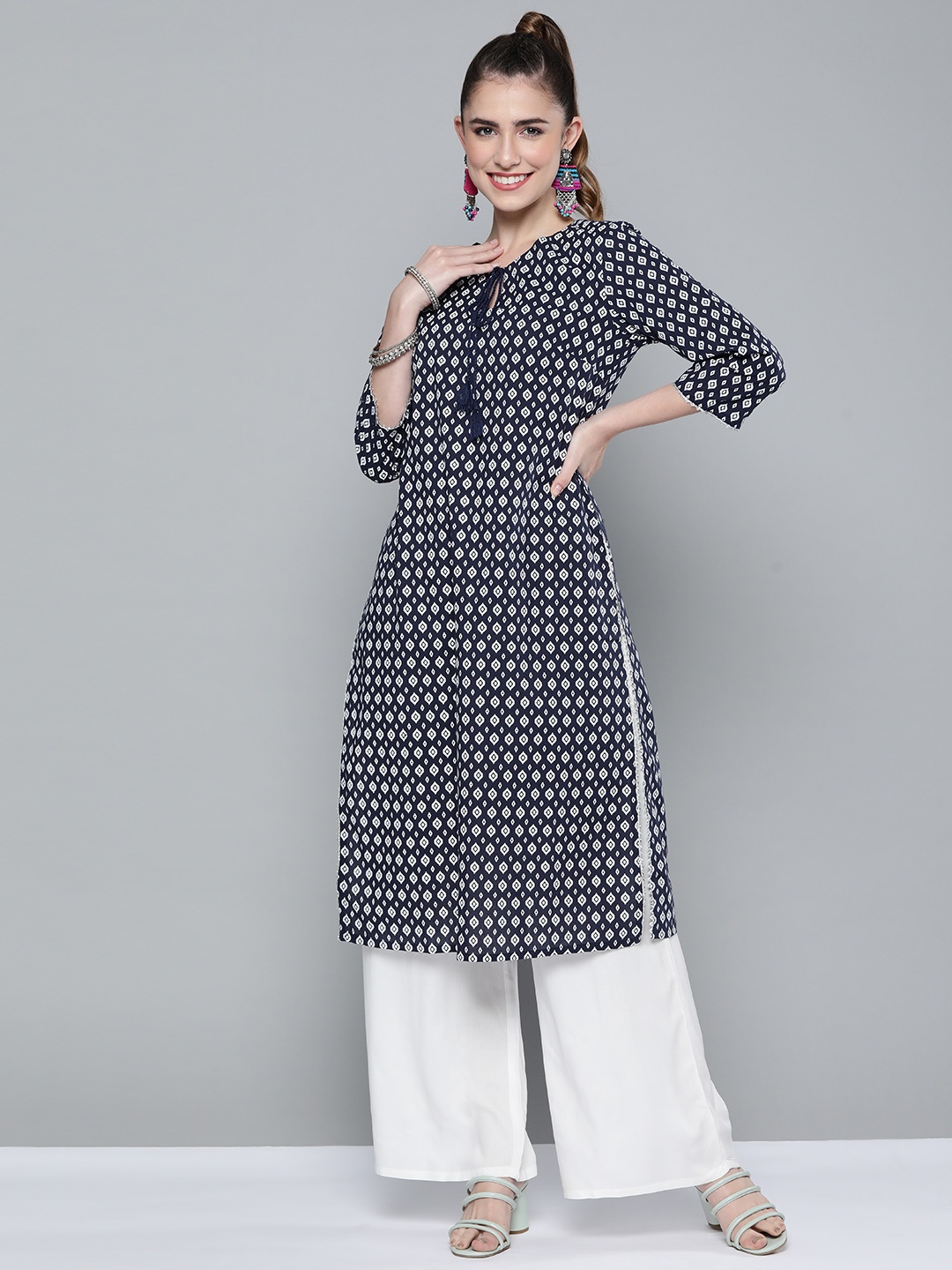 

HERE&NOW Women Navy Blue Printed Pure Cotton Kurta with Palazzos
