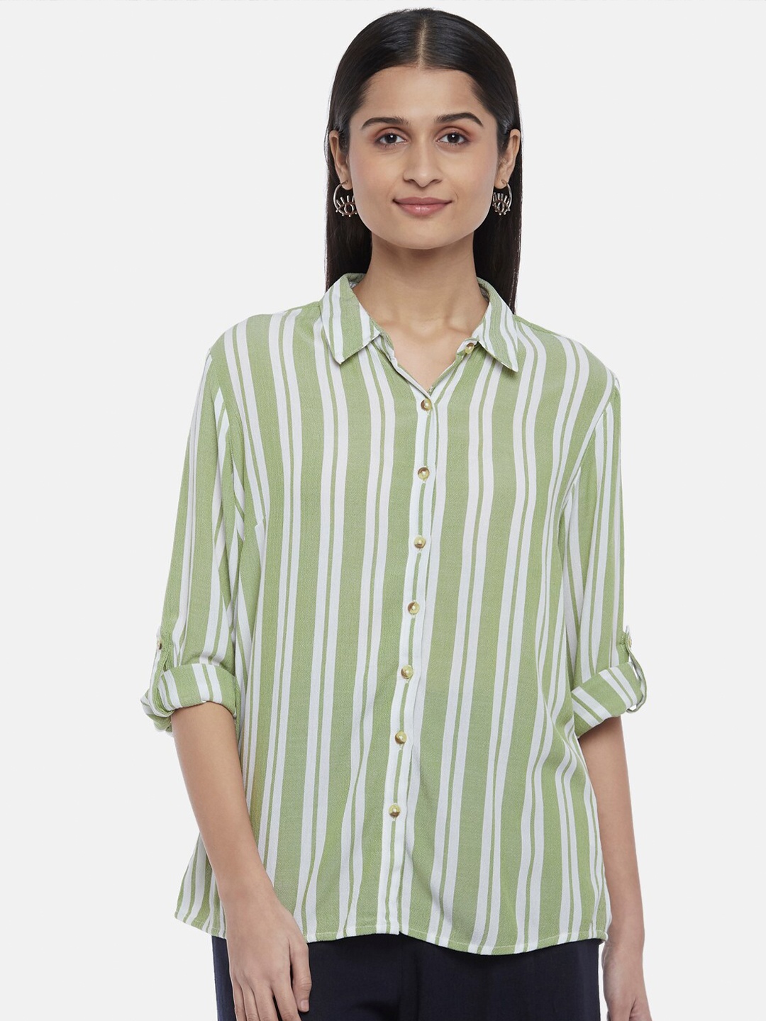 

Honey by Pantaloons Olive Green Striped Shirt Style Top