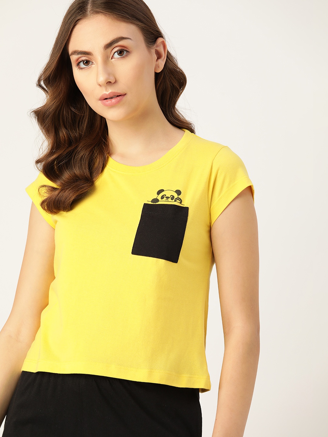 

DressBerry Women Yellow & Black Graphic Printed Lounge T-shirt