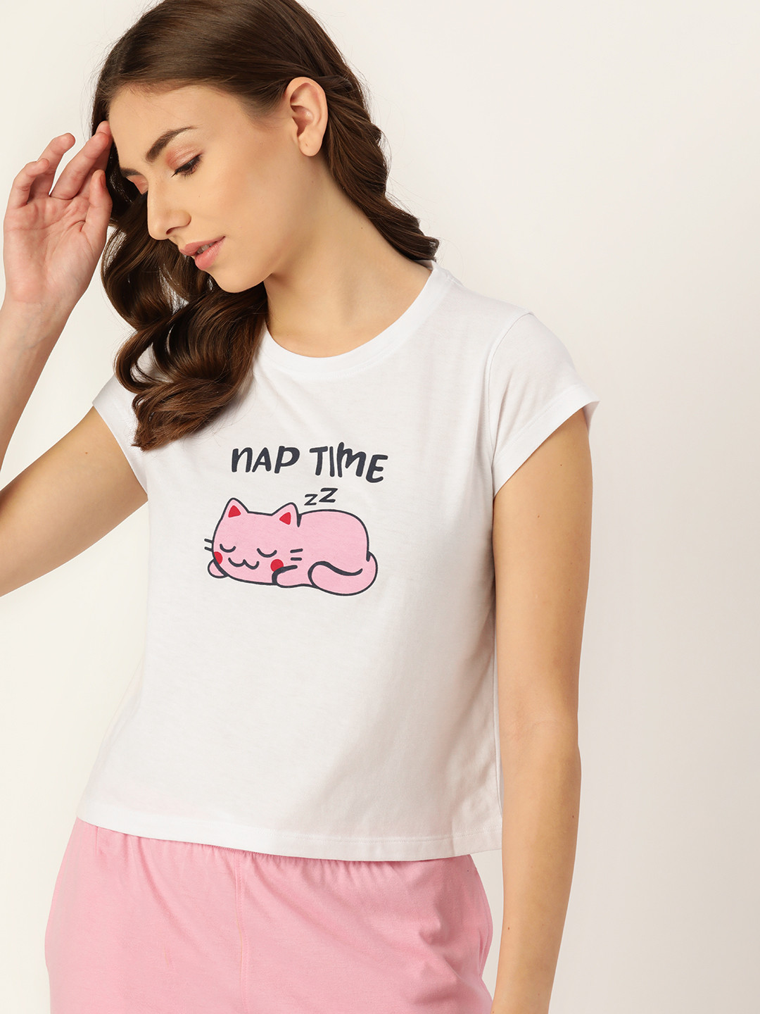 

DressBerry Women White & Pink Graphic Printed Lounge T-shirts