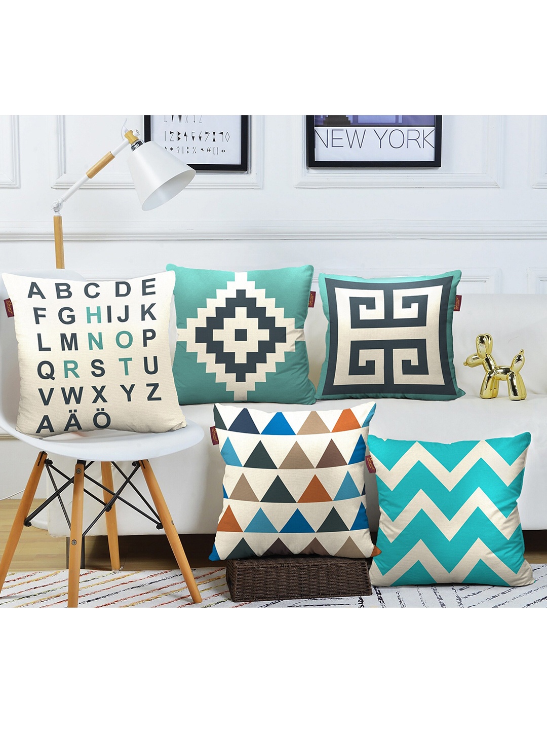 

AEROHAVEN Cream Coloured & Teal 5 Pieces Geometric Cotton Square Cushion Covers