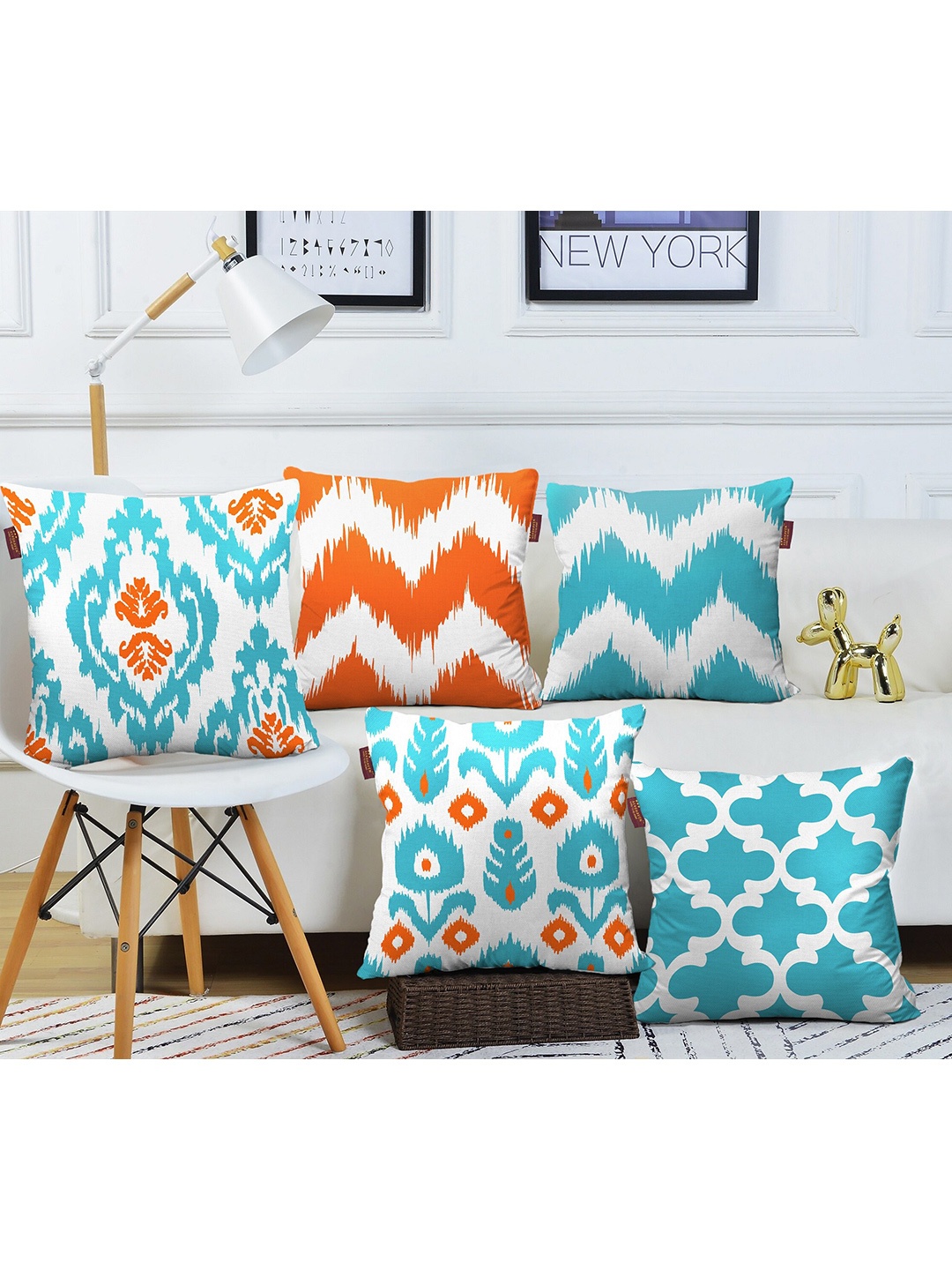 

AEROHAVEN Turquoise Blue & Orange 5 Pieces Geometric Square Cushion Covers