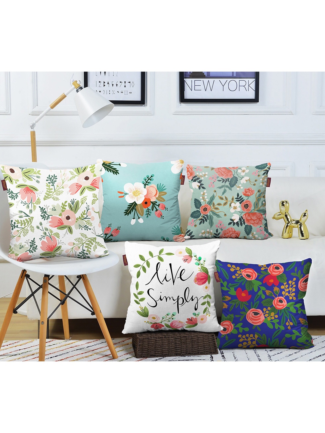 

AEROHAVEN Blue & White 5 Pieces Floral Cotton Square Cushion Covers