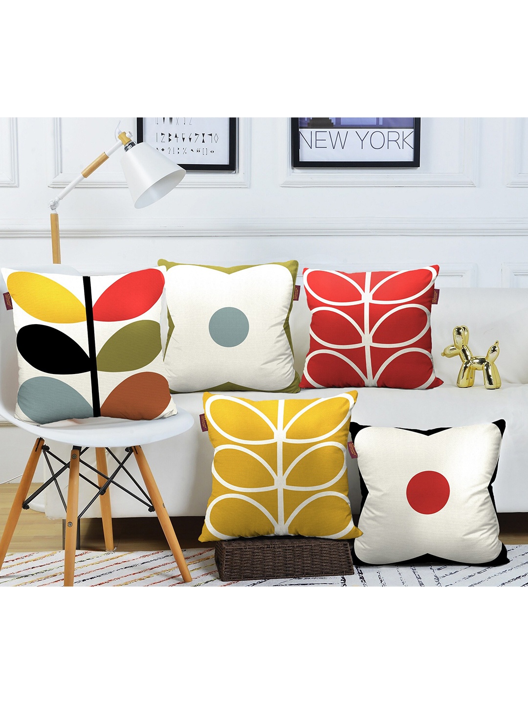 

AEROHAVEN Red & Yellow 5 Pieces Geometric Cotton Square Cushion Covers