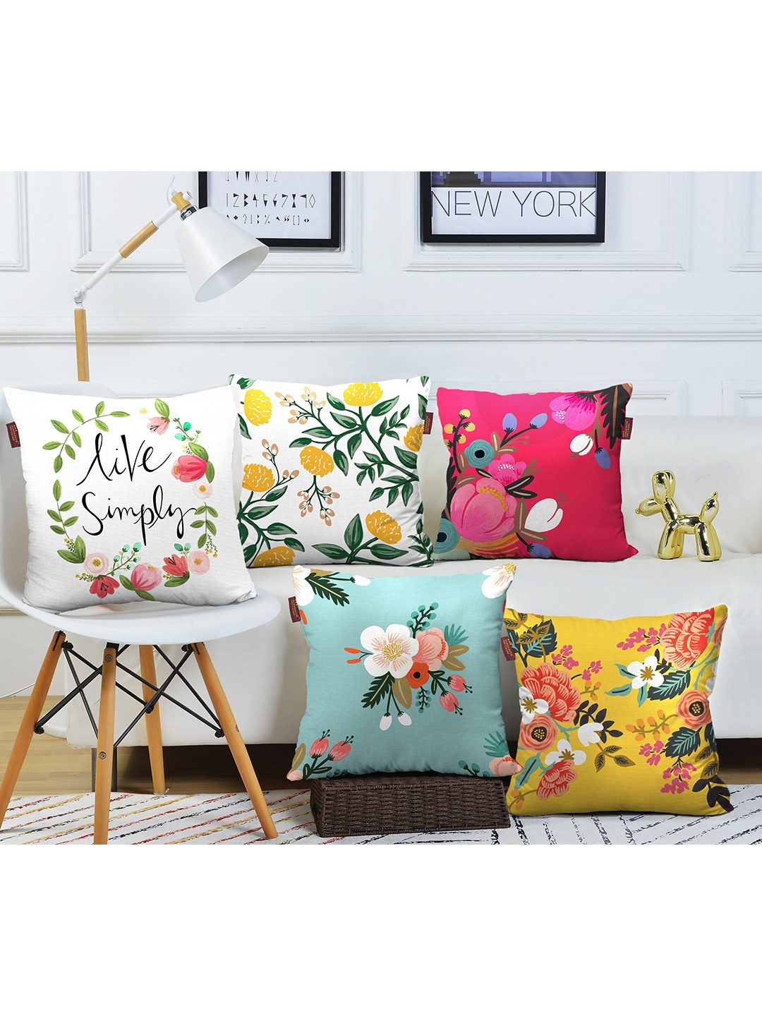 

AEROHAVEN Yellow and White 5 Pieces Floral Square Cushion Covers