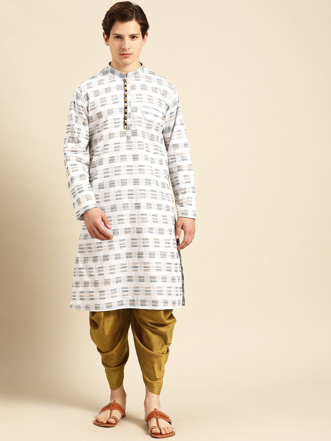 

Anouk Men White & Olive Embroidered Kurta Set