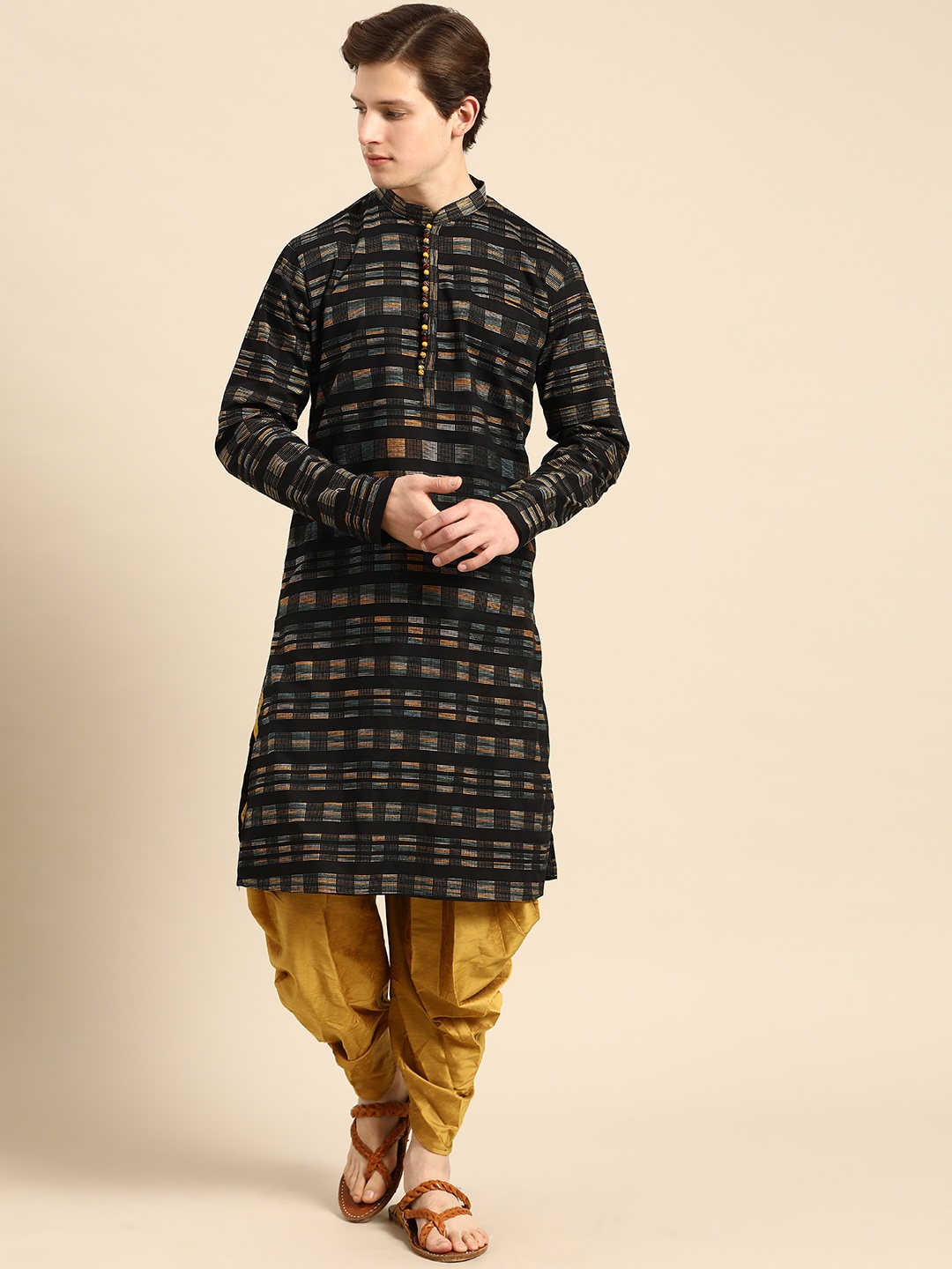 

Anouk Men Black & Yellow Embroidered Kurta Set