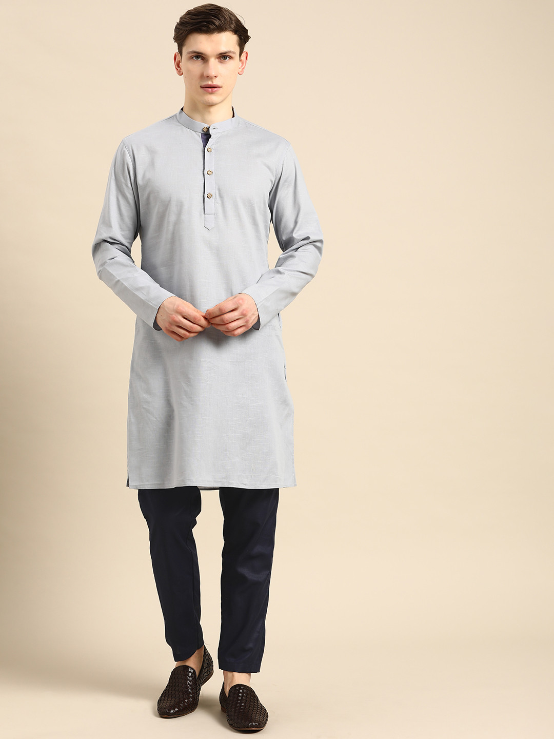 

Anouk Men Silver-Toned & Navy Blue Solid Kurta Set